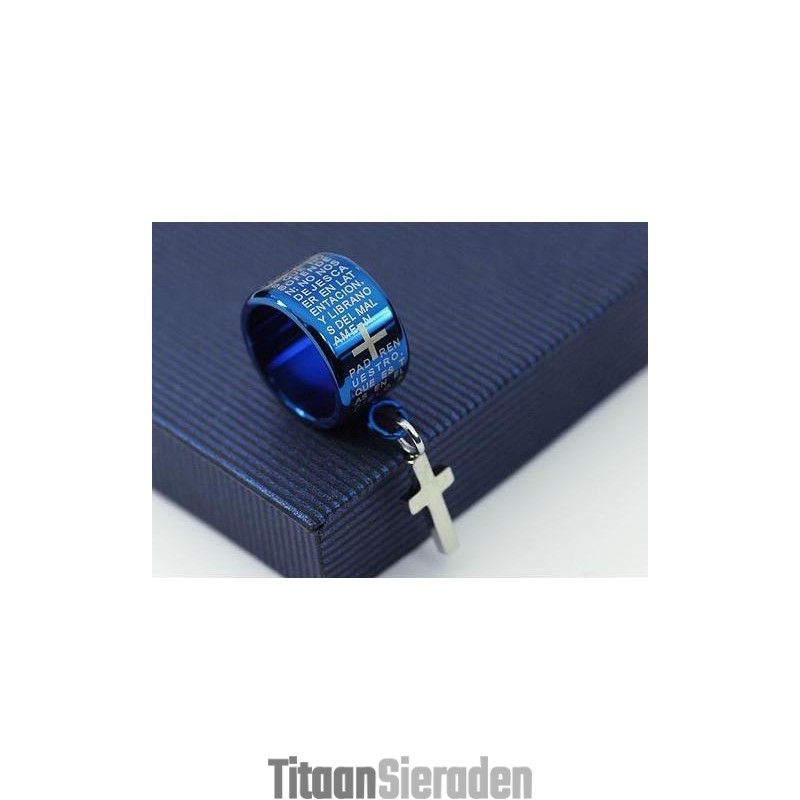 Prachtige Blauwe Titanium Ringketting En Kruishanger