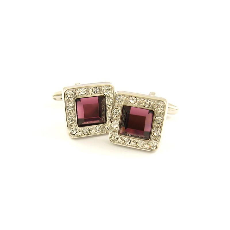 Titanium Vierkante Manchetknopen Met Diamanten En Mauve Vierkante Zirkonia