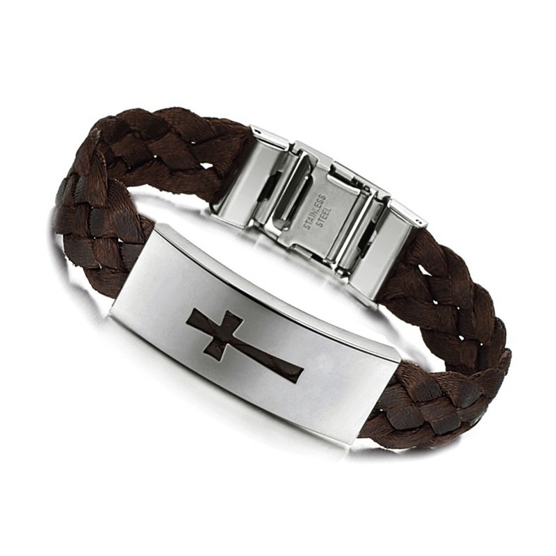 Stabiele Kwaliteit Mannelijke Kruis Titanium Leren Armband