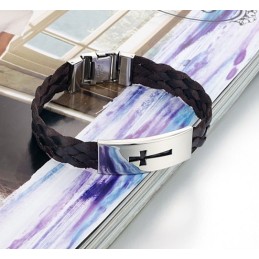 Stabiele Kwaliteit Mannelijke Kruis Titanium Leren Armband