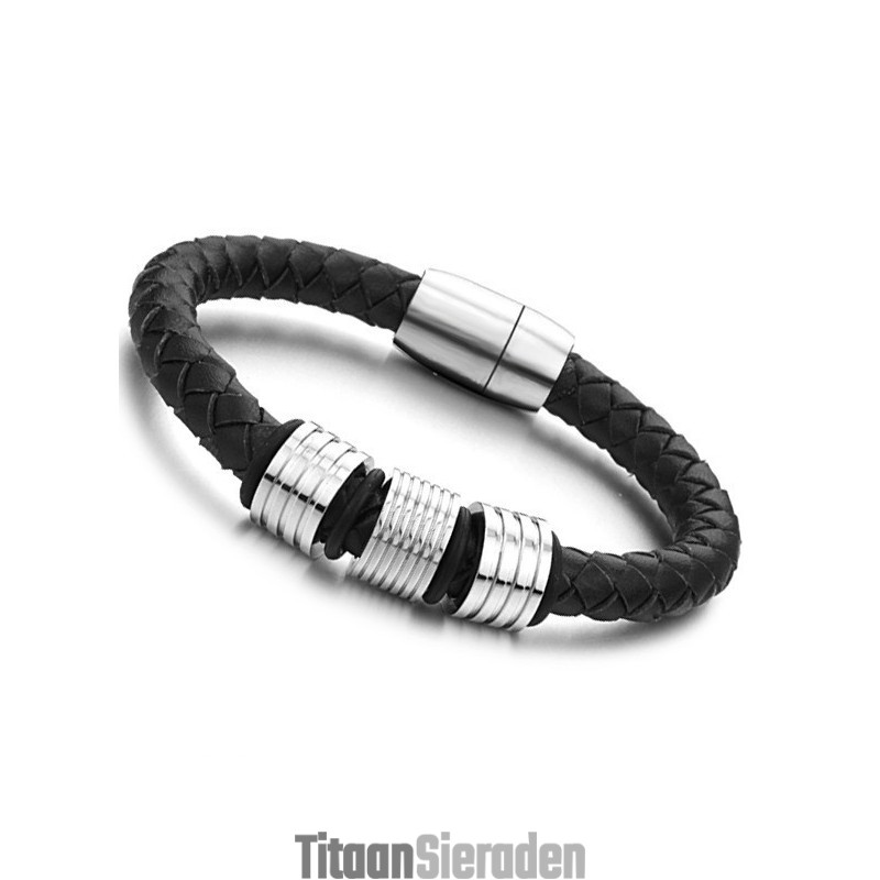 Hoogwaardige Zwarte Titanium Leren Armband Hoogwaardige Zwarte Titanium Leren Armband