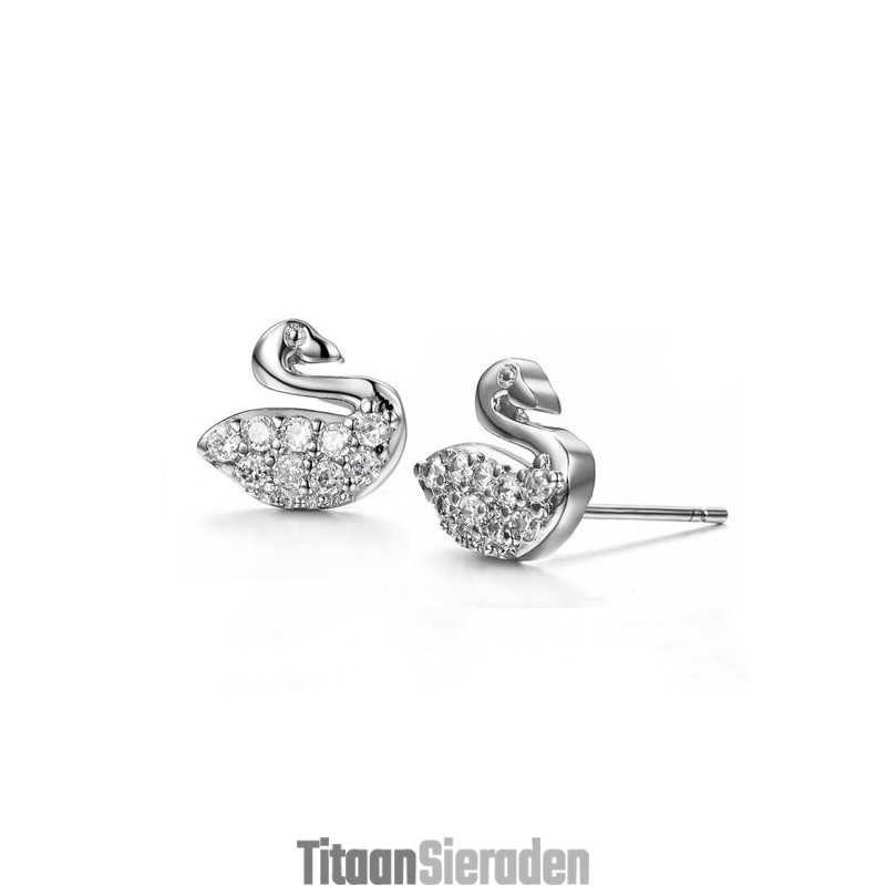 Duurzame, In Gebruik Zijnde, Vrouwelijke Zwaanvormige Platina Titanium Oorbellen Met Diamant