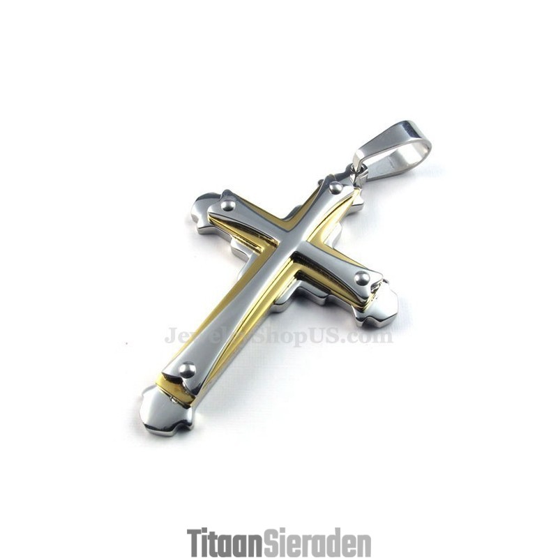 Ketting Met Drie Kruisjes Van Goudkleurig Titanium (Gratis Ketting) Ketting Met Drie Kruisjes Van Goudkleurig Titanium (Gratis Ketting)