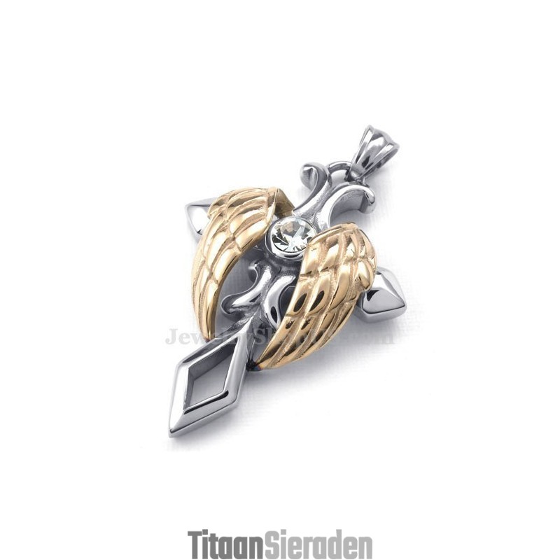 Titanium Kruishanger Met Roségouden Engelenvleugels (Gratis Ketting)