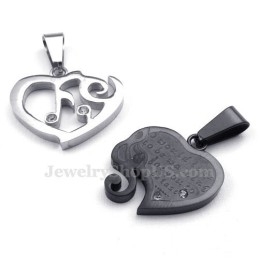 Zilveren En Zwarte Titanium Ketting Met Hartjeshanger (Gratis Ketting) (Één Paar)