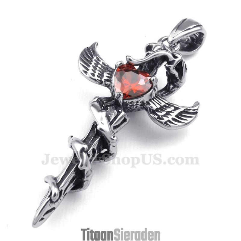 Rode Zirkoon Zwaardvleugels Titanium Kruis Hanger Ketting (Gratis Ketting) Rode Zirkoon Zwaardvleugels Titanium Kruis Hanger Ketting (Gratis Ketting)
