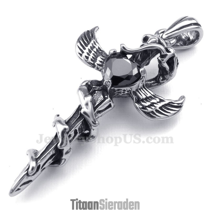 Zwarte Zirkoon Zwaardvleugels Titanium Kruis Hanger Ketting (Gratis Ketting) Zwarte Zirkoon Zwaardvleugels Titanium Kruis Hanger Ketting (Gratis Ketting)