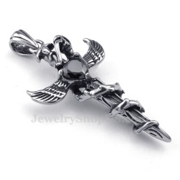 Zwarte Zirkoon Zwaardvleugels Titanium Kruis Hanger Ketting (Gratis Ketting)