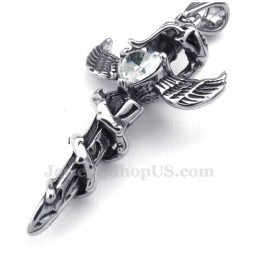 Witte Zirkoon Zwaardvleugels Titanium Kruis Hanger Ketting (Gratis Ketting)