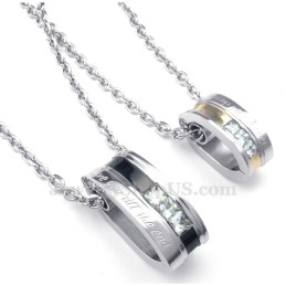 Ketting Met Hanger Van Wit Zirkoon En Titanium Cirkels (Gratis Ketting) (Één Paar)