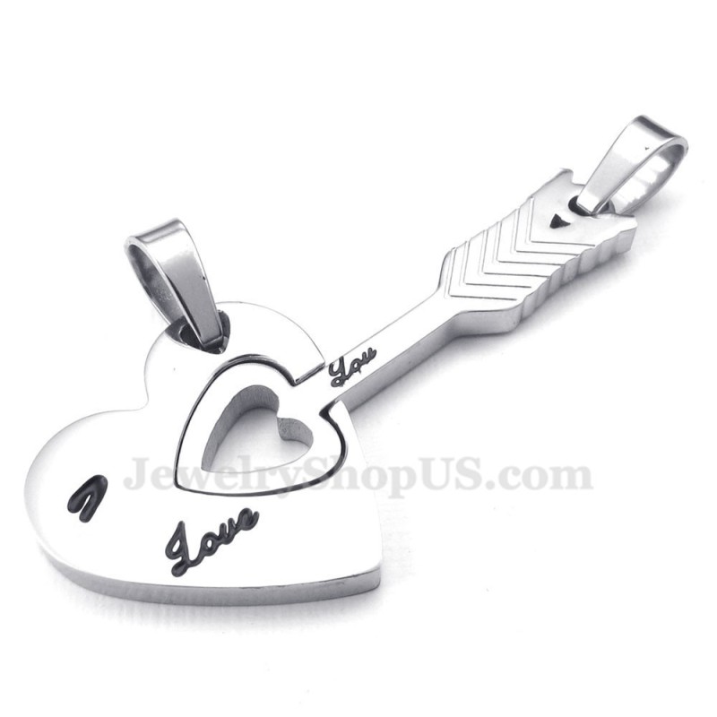 Titanium Zilveren Cupido Pijlharten Koppel Hanger Ketting (Gratis Ketting) (Één Paar)