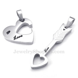 Titanium Zilveren Cupido Pijlharten Koppel Hanger Ketting (Gratis Ketting) (Één Paar)