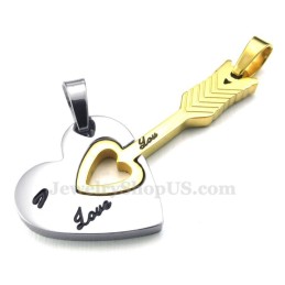Titanium Gouden Cupido Pijlharten Koppelhanger Ketting (Gratis Ketting) (Één Paar)