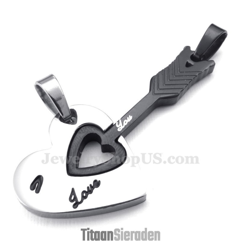 Titanium Zwarte Cupido Pijlharten Koppels Hanger Ketting (Gratis Ketting) (Één Paar)