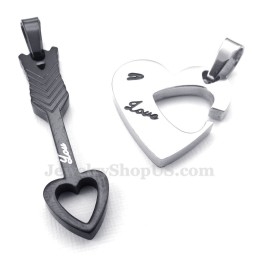 Titanium Zwarte Cupido Pijlharten Koppels Hanger Ketting (Gratis Ketting) (Één Paar)