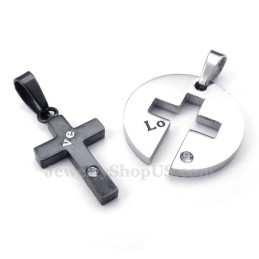 Titanium Zwarte Kruis Hanger Ketting (Gratis Ketting) (Één Paar)