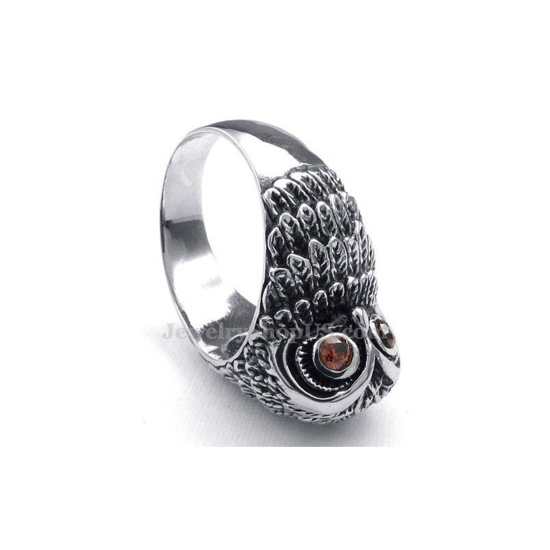 Titanium Uilenring Met Rode Zirkonia Ogen