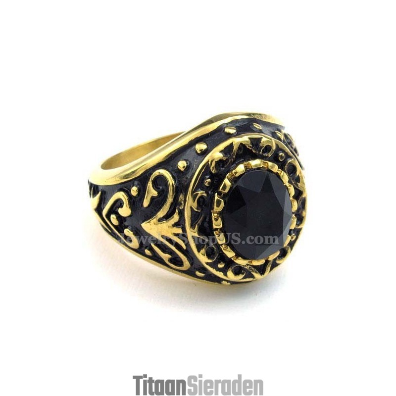 Gouden Titanium Ring Met Zwarte Zirkoon Gouden Titanium Ring Met Zwarte Zirkoon