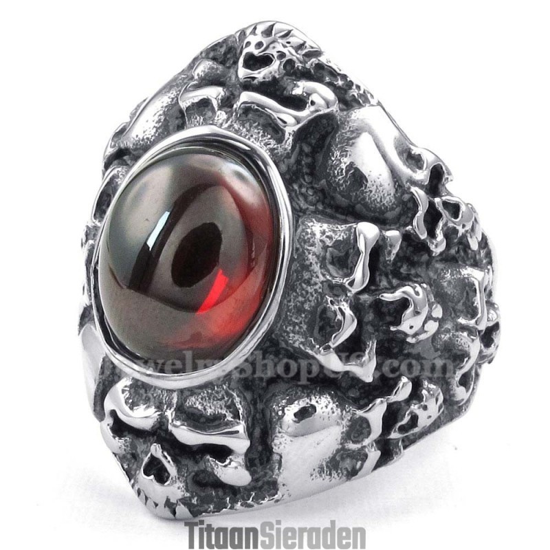 Titanium Schedelring Met Rode Zirkoon Titanium Schedelring Met Rode Zirkoon