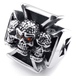 Titanium Kruis Schedelring Met Rode Zirkonia Ogen