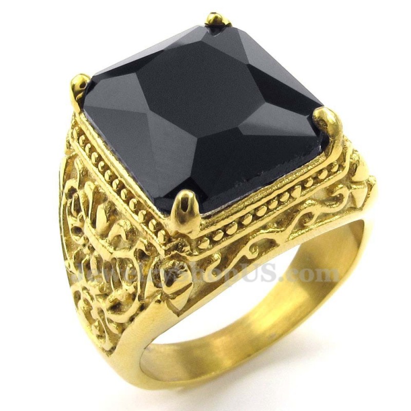 Gouden Titanium Ring Met Zwarte Zirkoon Gouden Titanium Ring Met Zwarte Zirkoon