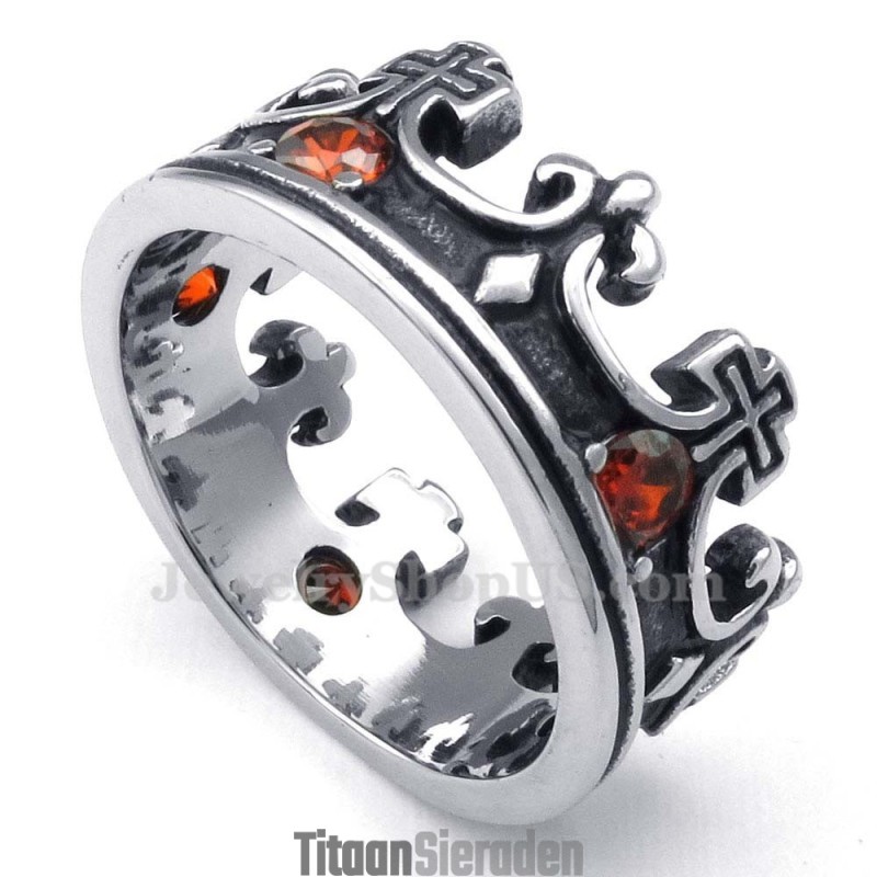Titanium Imperial Crown Ring Met Rode Zirkoon