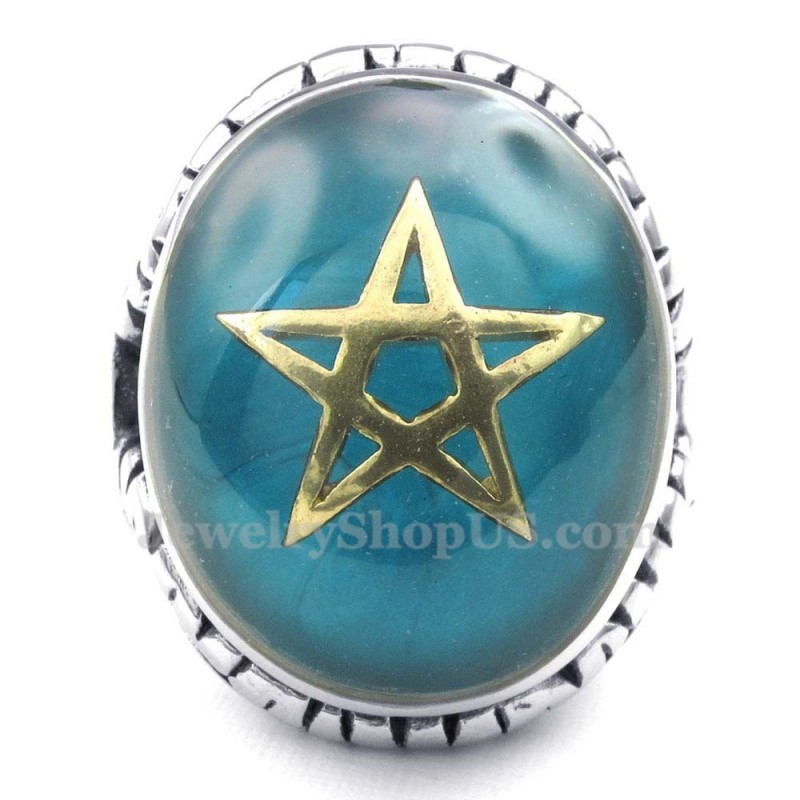 Gouden Vijfpuntige Ster Titanium Blauwe Ring