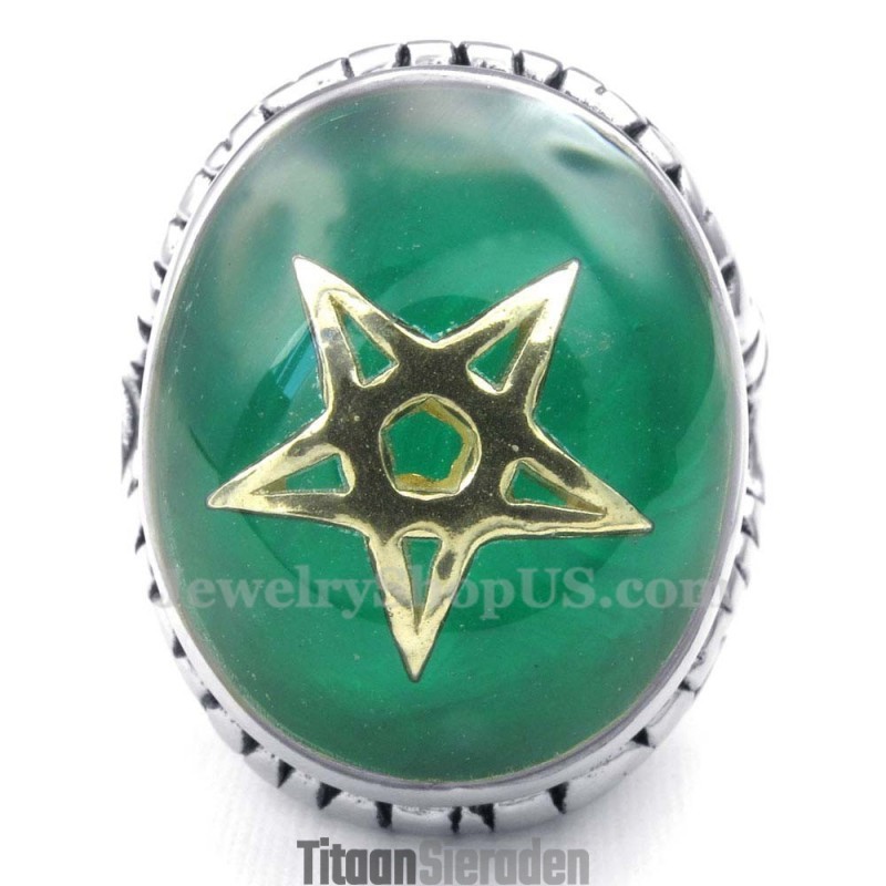 Gouden Vijfpuntige Ster Titanium Groene Ring