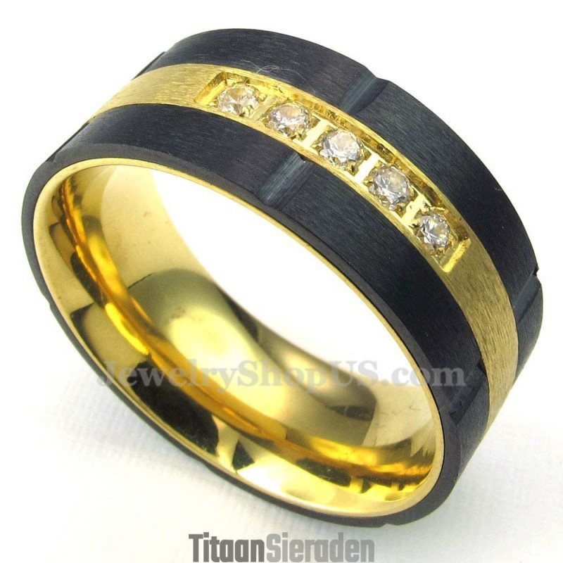 Gouden Zwarte Titanium Ring Met Witte Zirkoon Gouden Zwarte Titanium Ring Met Witte Zirkoon