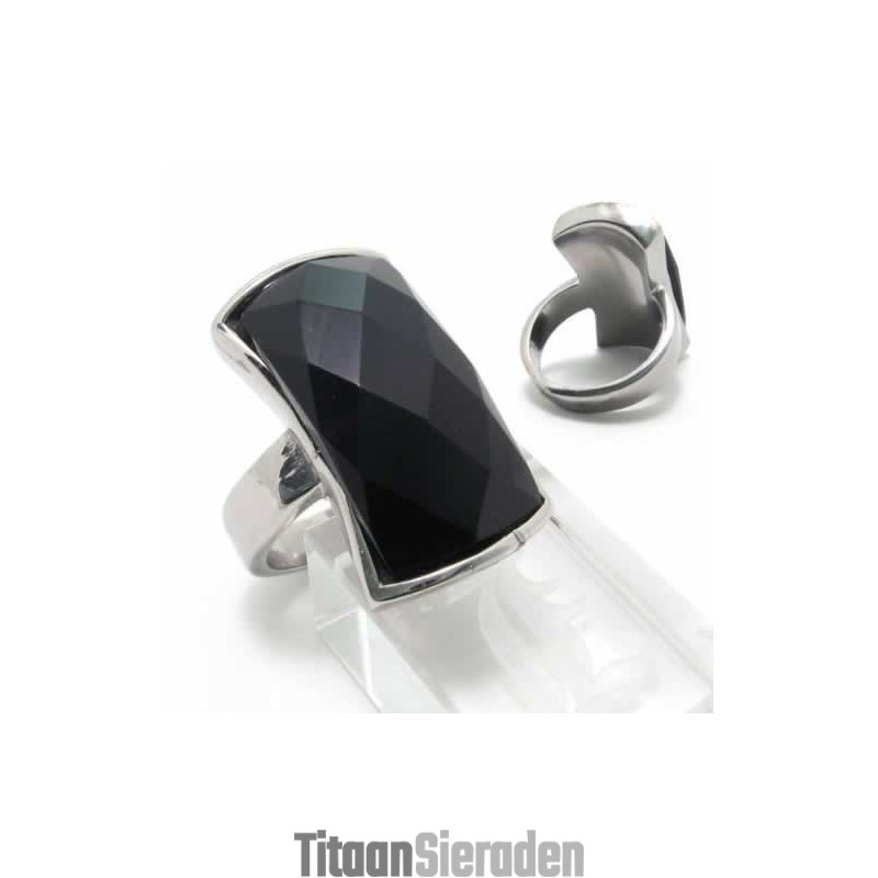 Zwarte Agaat 13 Mm Titanium Ingelegde Ring Zwarte Agaat 13 Mm Titanium Ingelegde Ring