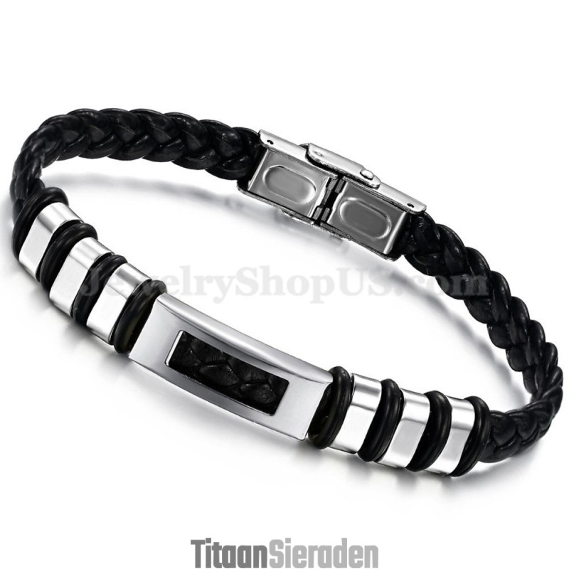 Heren Zilveren Zwarte Titanium Leren Armband C767 Heren Zilveren Zwarte Titanium Leren Armband C767