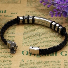 Heren Zilveren Zwarte Titanium Leren Armband C767
