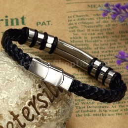 Heren Zilveren Zwarte Titanium Leren Armband C767