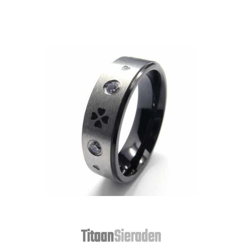 Vierklavertjevier Diamanten Set 6 Mm Titanium Ingelegde Ring Vierklavertjevier Diamanten Set 6 Mm Titanium Ingelegde Ring