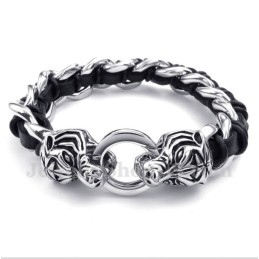 Heren Titanium Tijgerkop Leren Armband