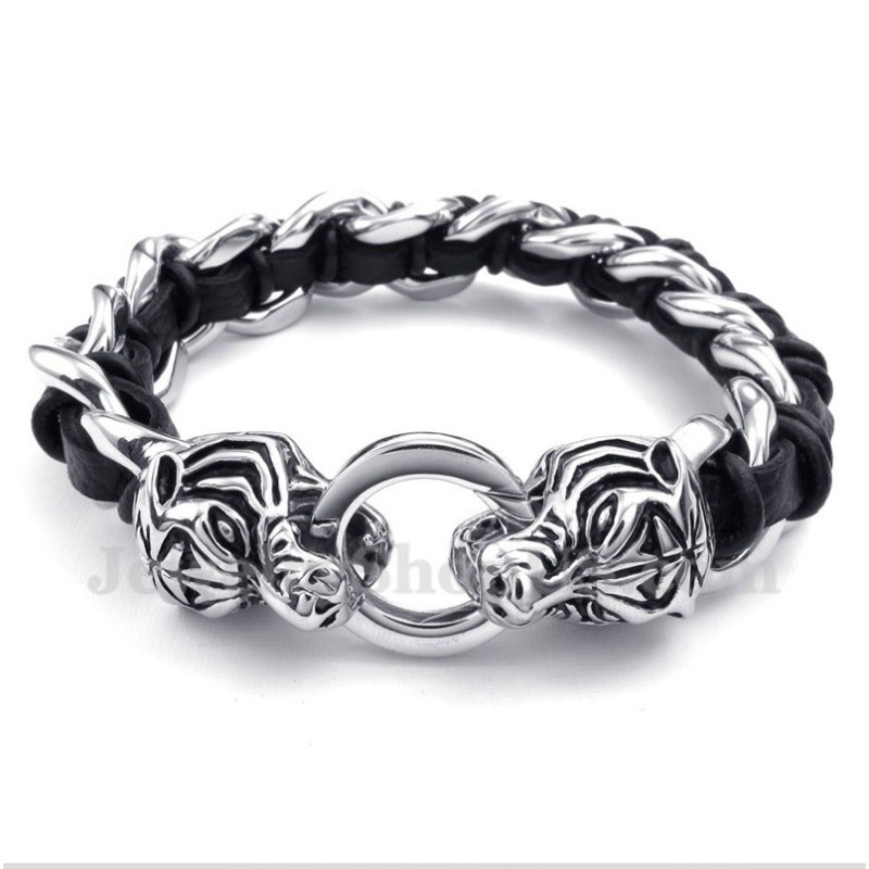 Heren Titanium Tijgerkop Leren Armband