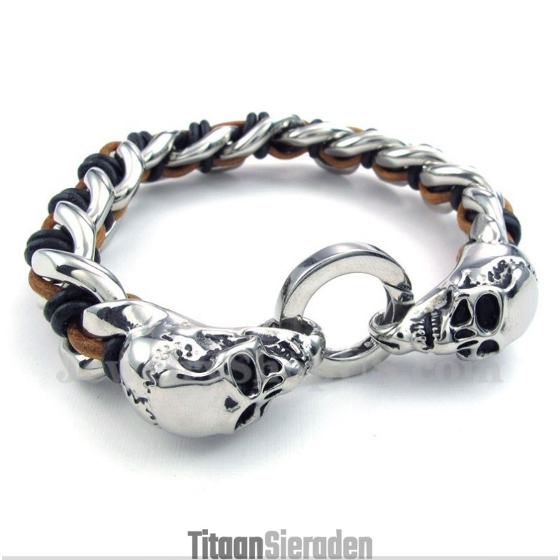 Heren Titanium Schedel Leren Armband Heren Titanium Schedel Leren Armband