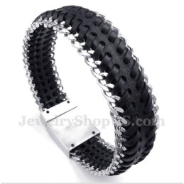 Heren Titanium Zwarte Leren Armband