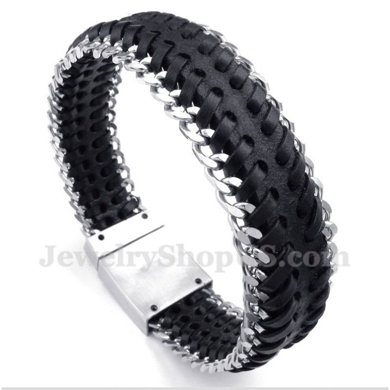 Heren Titanium Zwarte Leren Armband