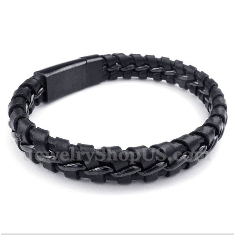 Heren Titanium Zwarte Leren Armband Heren Titanium Zwarte Leren Armband