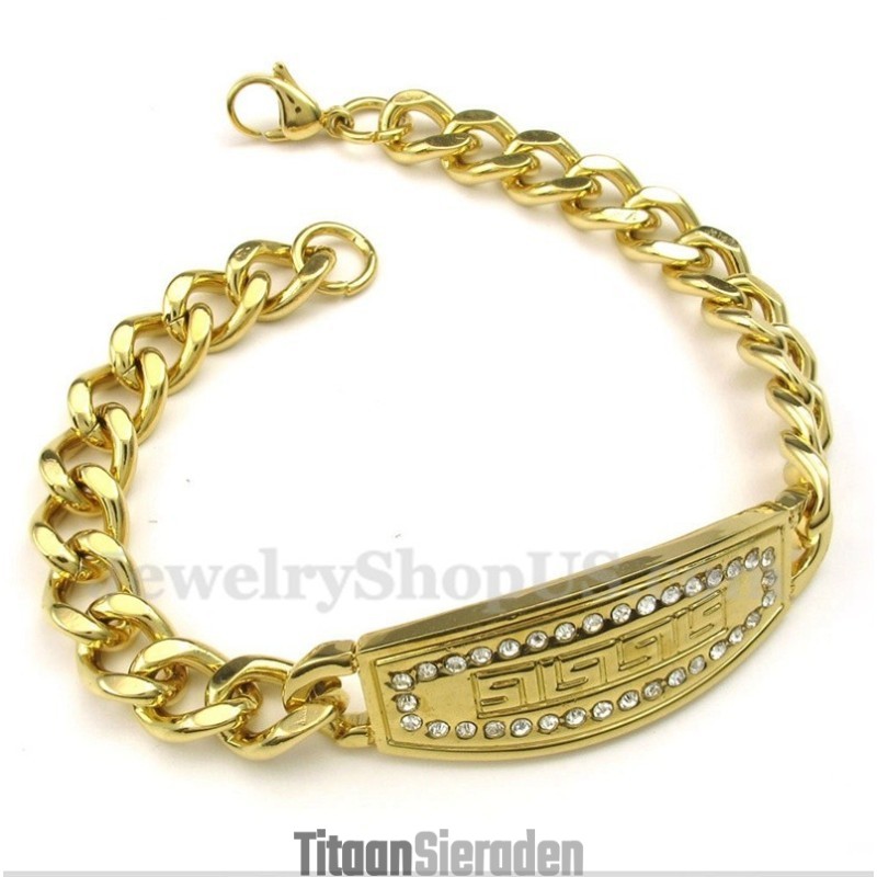 Herenarmband Van Titaniumgoud Met Diamant En Grieks Meanderpatroon Herenarmband Van Titaniumgoud Met Diamant En Grieks Meanderpatroon