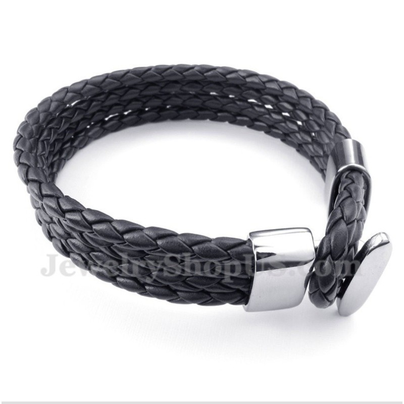 Heren Titanium Zwarte Leren Armband Heren Titanium Zwarte Leren Armband