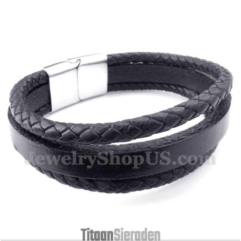 Heren Titanium Zwarte Leren Armband