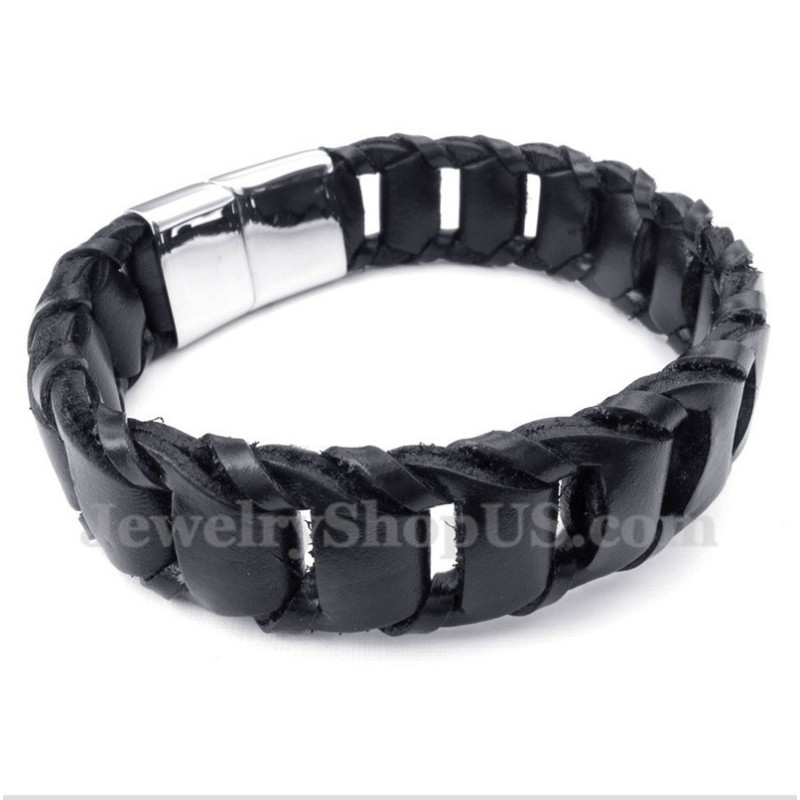 Heren Titanium Zwarte Leren Armband Heren Titanium Zwarte Leren Armband