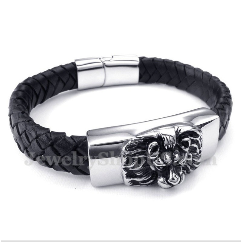 Heren Titanium Leeuwenkop Leren Armband