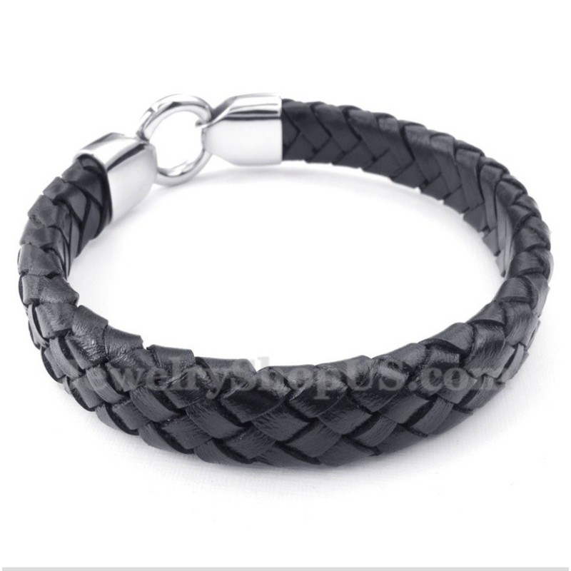 Heren Titanium Zwarte Leren Armband Heren Titanium Zwarte Leren Armband
