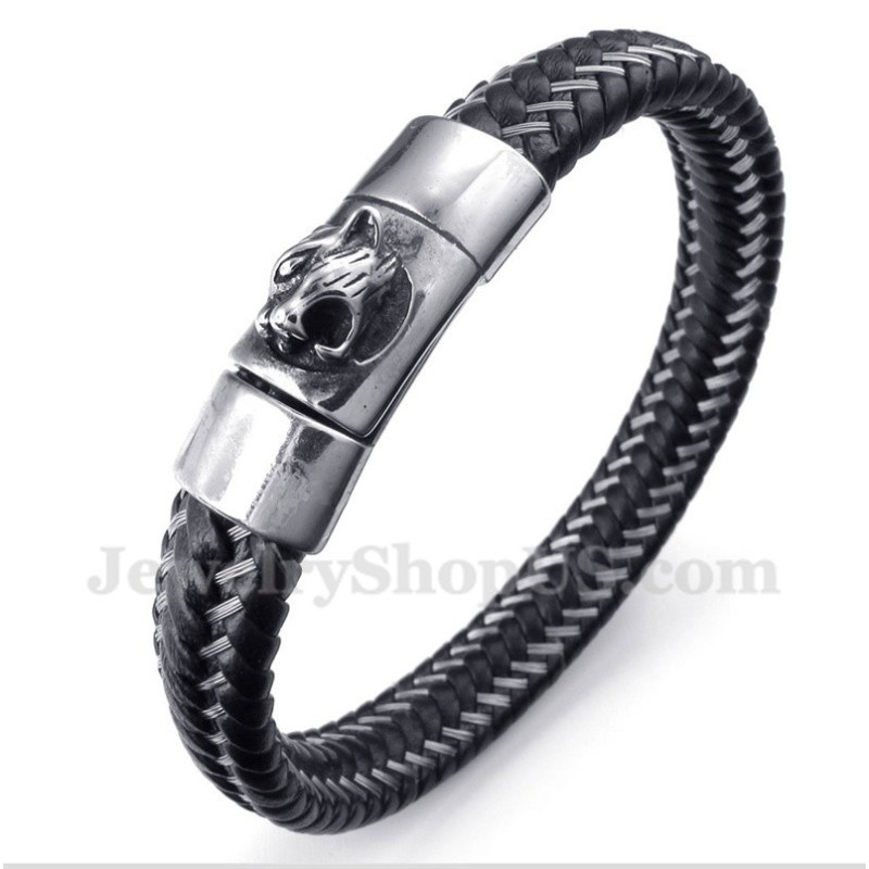 Heren Titanium Zwarte Leren Kabelarmband Heren Titanium Zwarte Leren Kabelarmband