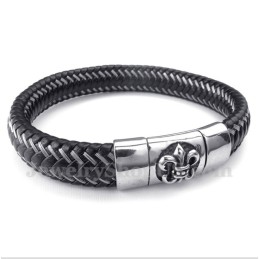 Heren Titanium Zwarte Leren Kabelmagneetarmband