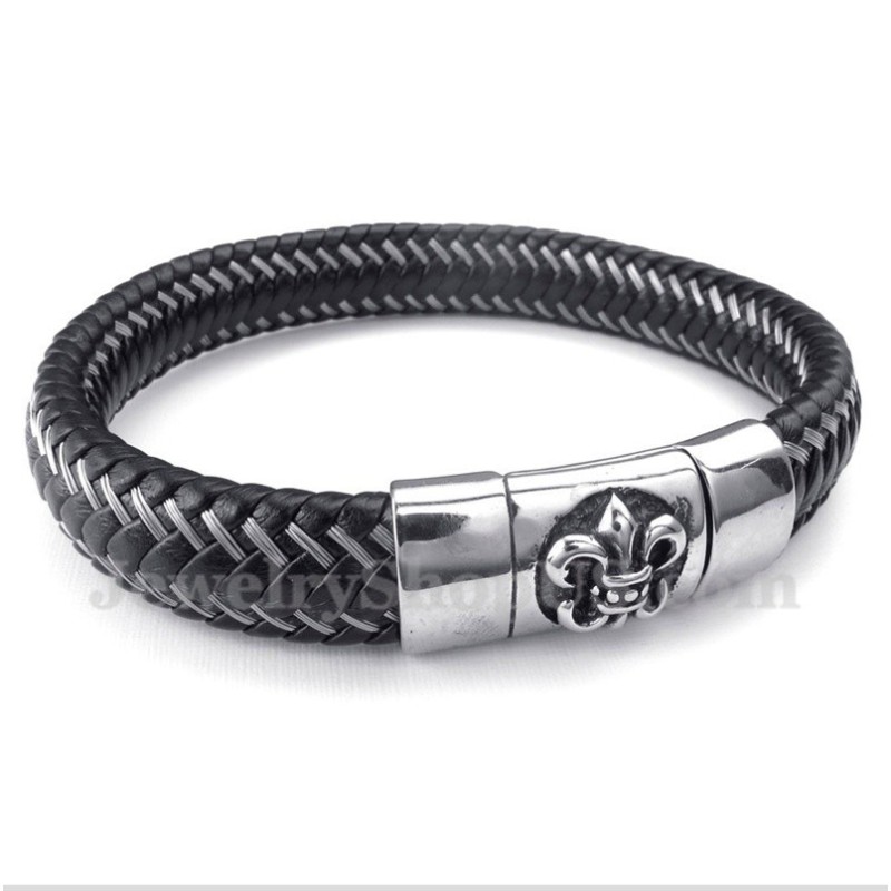 Heren Titanium Zwarte Leren Kabelmagneetarmband