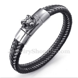 Heren Titanium Zwarte Leren Kabelmagneetarmband